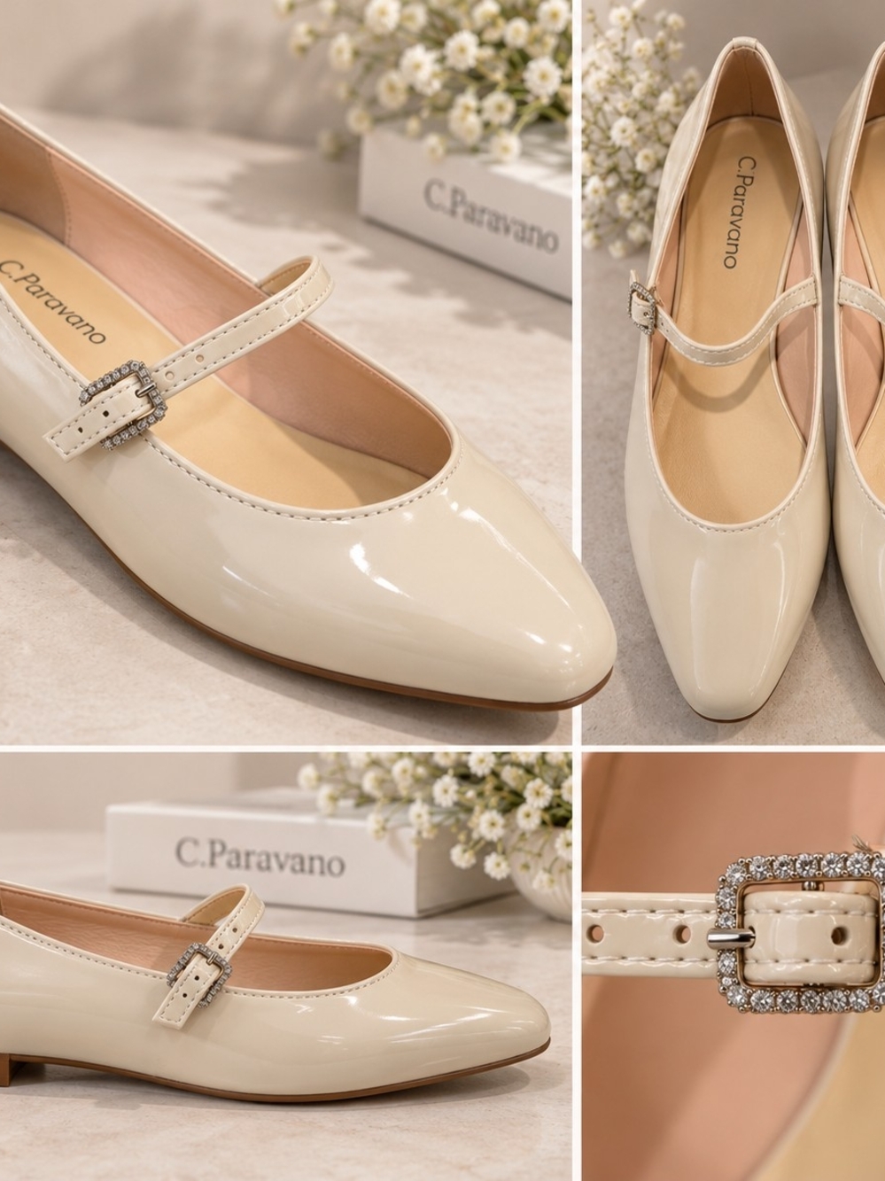 C. Paravano Ivory Patent Mary Jane Flats with Crystal Buckle